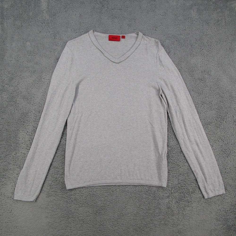 Hugo Hugo Boss Mens Gray V-Neck Sweater Silk Cashmere Blend Stripe Size Small